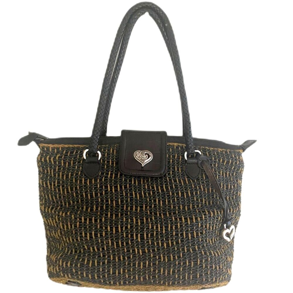 Brighton Straw Basket Woven and Leather Black and Tan Straw Satchel Shoulder Bag